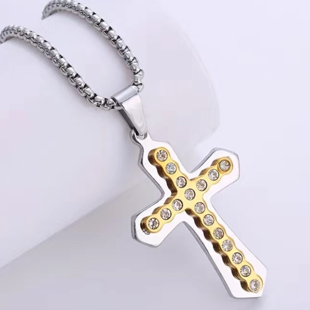 Men’s Two-Tone Cross Pendant Necklace with CZ Stones – Stainless Steel Chain - Picture 9 of 9